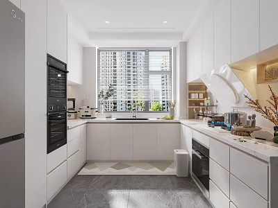 Modern Kitchen Interior Design With White Cabinets Window Blinds Appliances And Countertop 3d model