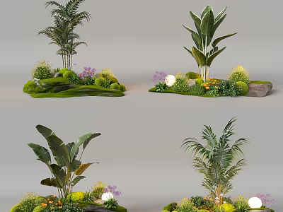 Garden Plant Combinations With Palm Trees Large Leaf Plants Purple Flowers Green Grass And Stones 3d model