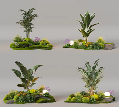 Garden Plant Combinations With Palm Trees Large Leaf Plants Purple Flowers Green Grass And Stones 3d model