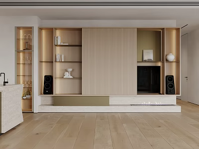 Modern TV Wall Unit With Open Wooden Shelves Built-in Fireplace Black Speakers And Decorative Items 3d model