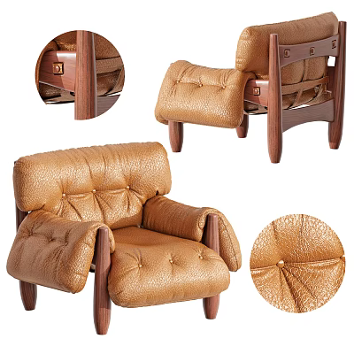 Brown Leather Leisure Chair With Button Tufted Design Wooden Legs And Armrests 3d model