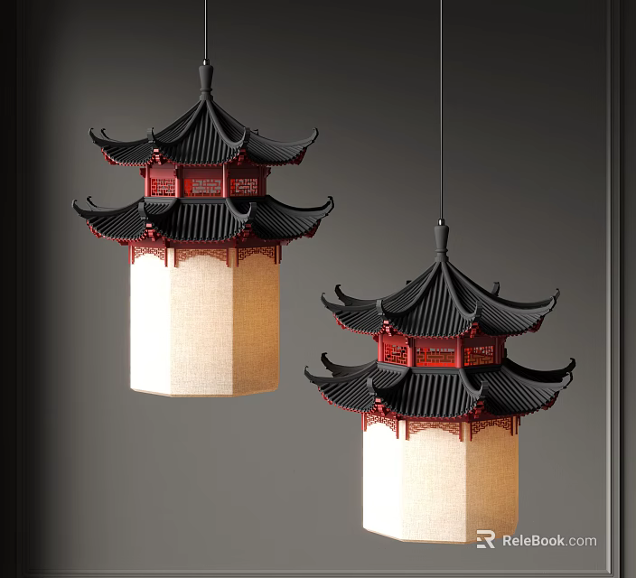 Chinese Style Pendant Lights With Black Roof Structure Red Decorations And Beige Lampshades 3d model 