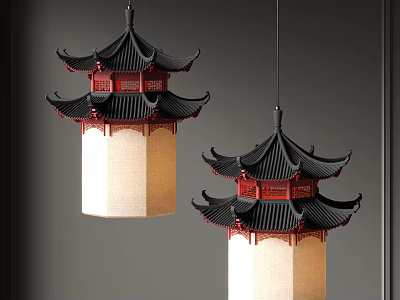Chinese Style Pendant Lights With Black Roof Structure Red Decorations And Beige Lampshades 3d model