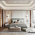 Modern Bedroom Interior With Upholstered Headboard Ottoman Area Rug And Nightstands
