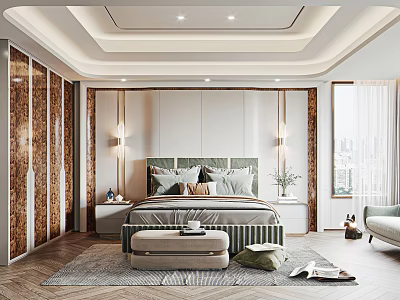 Modern Bedroom Interior With Upholstered Headboard Ottoman Area Rug And Nightstands 3d model