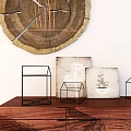 Wooden Console Cabinet In Entryway With Circular Wooden Wall Decor Geometric Ornaments And Books