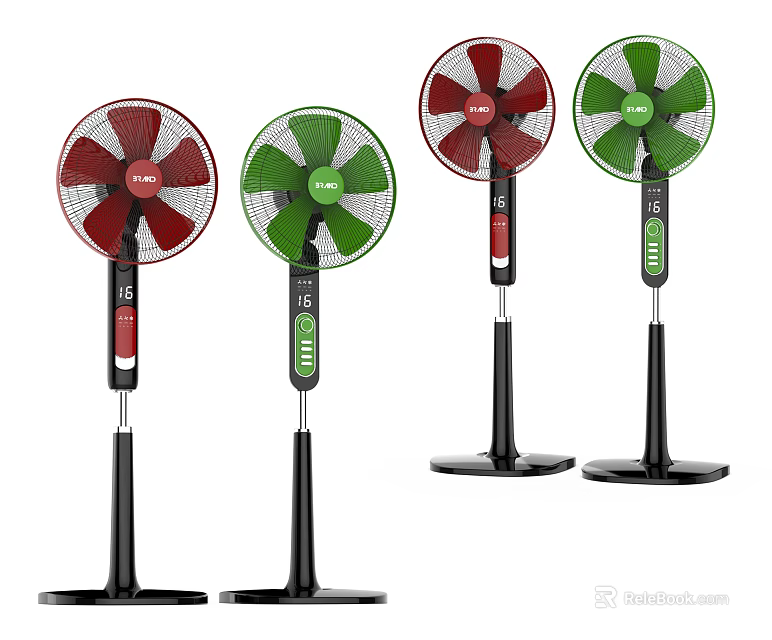 Multiple LEE Stand Air Cooler Fans in Red and Green Colors 3d model 