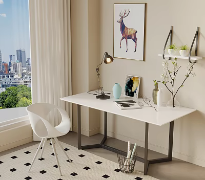 Modern White Desk Setup With Chair Lamp Vase Photo Frame Deer Painting And City View 3d model