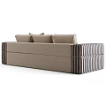 Stylish Beige Sectional Sofa With Striped Armrests Decorative Pillows And Throw Blanket