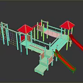 Wooden Children's Playground Structure With Red Slides Yellow Roofs Platforms And Climbing Nets