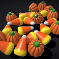Heap Of Colorful Candy Corn And Pumpkin Shaped Candies With Bright Orange Yellow White Colors