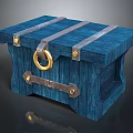 Blue Wooden Chest With Metal Straps And Golden Ring Handle Design