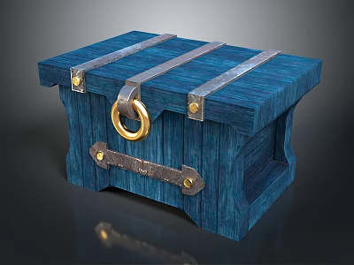 Blue Wooden Chest With Metal Straps And Golden Ring Handle Design 3d model