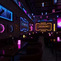Modern Bar Interior Design With Neon Lights Purple Lighting Bar Counter And Tables Chairs