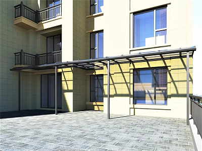 Sunshade Canopy With Metal Frame Over Building Windows And Stone Paved Ground In Residential Area 3d model
