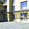 Sunshade Canopy With Metal Frame Over Building Windows And Stone Paved Ground In Residential Area