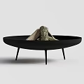Black Round Fire Pit With Three Thin Legs And Logs Inside 3d model
