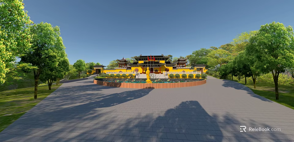 Traditional Chinese Ancient Architecture With Yellow Facade Classic Curved Roofs Courtyard And Stone Pavement 3d model 