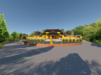 Traditional Chinese Ancient Architecture With Yellow Facade Classic Curved Roofs Courtyard And Stone Pavement 3d model