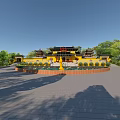 Traditional Chinese Ancient Architecture With Yellow Facade Classic Curved Roofs Courtyard And Stone Pavement