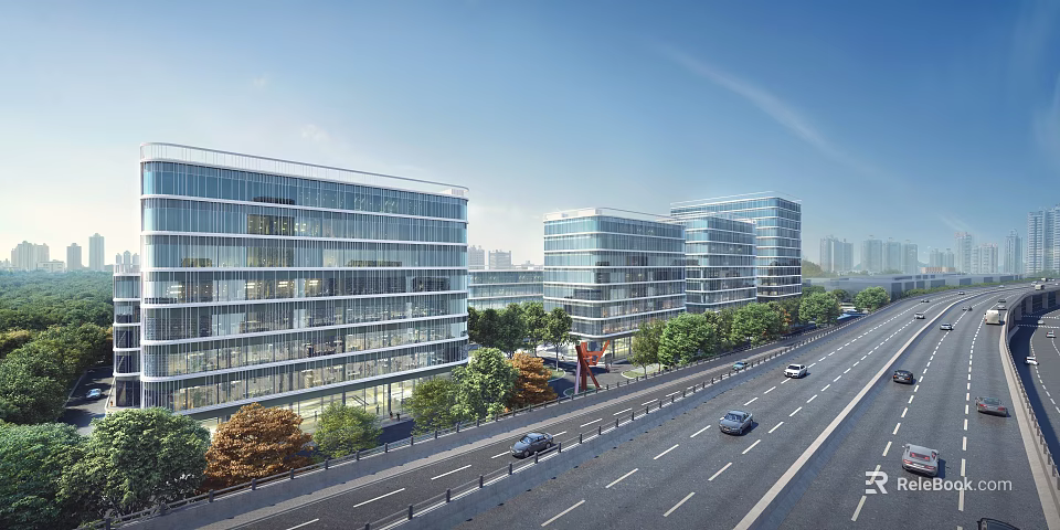 Modern Glass Office Buildings In Urban Setting With Road And Greenery 3d model 