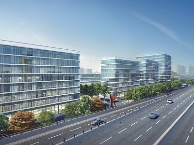 Modern Glass Office Buildings In Urban Setting With Road And Greenery 3d model