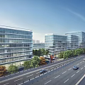 Modern Glass Office Buildings In Urban Setting With Road And Greenery