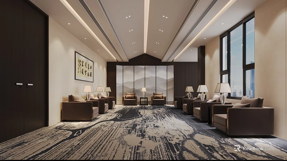 Elegant New Chinese Style Hotel Public Lounge With Comfortable Sofas And Artistic Landscape Decor 3d model 