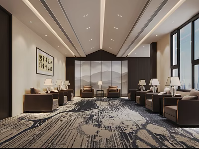Elegant New Chinese Style Hotel Public Lounge With Comfortable Sofas And Artistic Landscape Decor 3d model