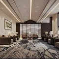 Elegant New Chinese Style Hotel Public Lounge With Comfortable Sofas And Artistic Landscape Decor