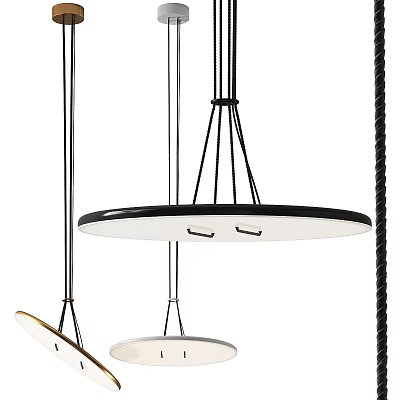 Modern Pendant Lights With Round White Shades Black Frames And Rope Suspensions 3d model