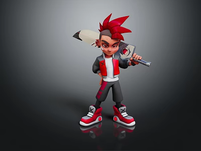 Cartoon Character With Red Spiky Hair Holding Weapon Wearing Stylish Outfit And Red Sneakers 3d model
