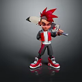 Cartoon Character With Red Spiky Hair Holding Weapon Wearing Stylish Outfit And Red Sneakers