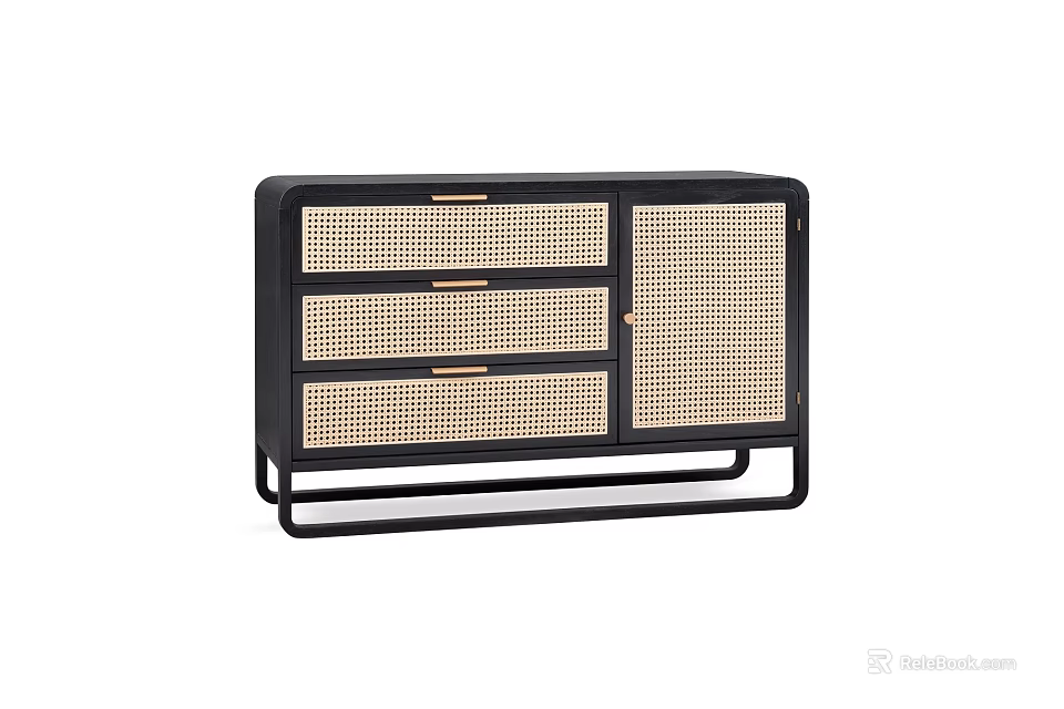 Modern Shoe Cabinet Design With Black Metal Frame Rattan Panels And Storage Drawers 3d model 