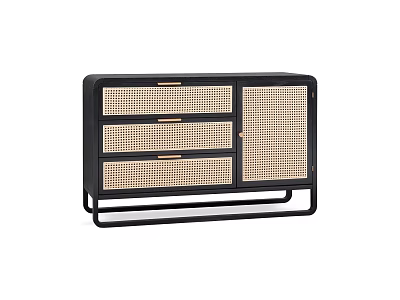 Modern Shoe Cabinet Design With Black Metal Frame Rattan Panels And Storage Drawers 3d model