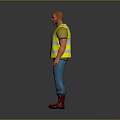 Man in High Visibility Yellow Vest Green T-shirt Blue Jeans Red Boots Gray Background