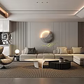 Modern Living Room Interior with Wall-Mounted TV Leather Chair Round Coffee Table and Warm Lighting