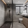 Modern Minimalist Grey Tiled Bathroom With Shower Fixtures Wall Mounted Toilet And Vanity Cabinet