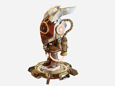 Smart Machine 3D Model With Mechanical Helmet And Illuminated Circular Base 3d model
