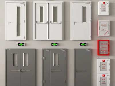 Fire Safety Equipment With White Gray Fire Doors Red Cabinets And Indicator Lights 3d model