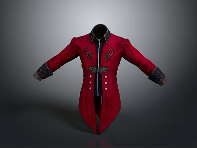 Elegant Red Long Coat With Black Trim And Buttoned Front Design For Daily Wear 3d model