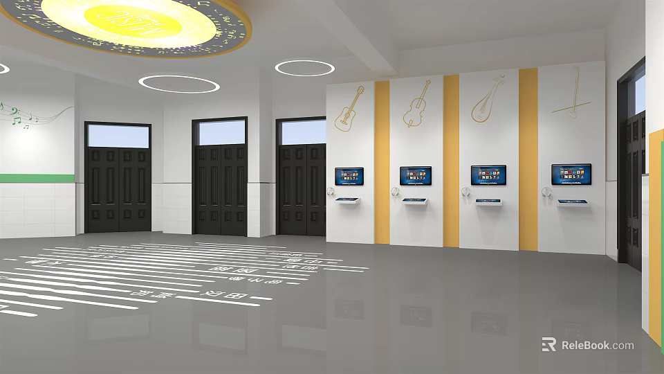 Modern Elevator Lobby With Black Doors Circular Lights And Wall Decorations 3d model