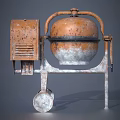 Rusty Old Fashioned Concrete Mixer With Metal Stand And Wheels