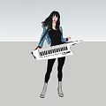 Woman In Blue Tie Dye Jacket Black Tight Clothes Holding Keyboard Front Back View