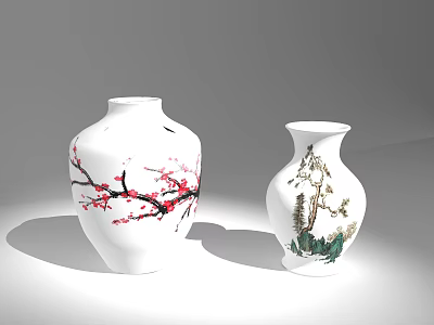 Decorative White Ceramic Vases With Plum Blossom And Landscape Paintings 3d model