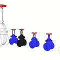 Multiple Gate Valves In Different Colors Blue Gray Black With Red Handles 3d model