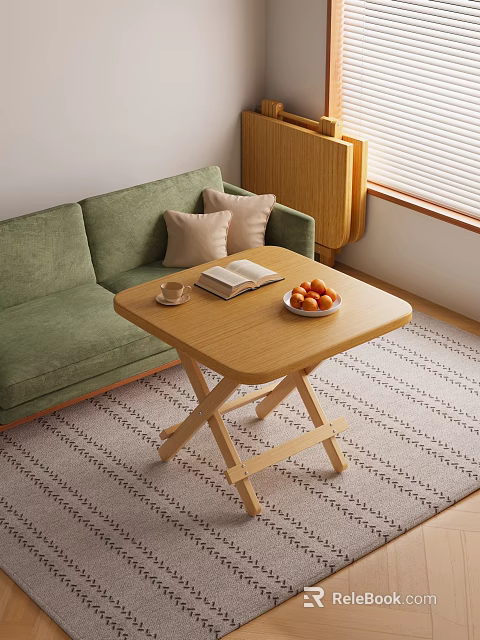 Wooden Foldable Table In Living Room With Green Sofa Coffee Cup Book And Fruits 3d model 