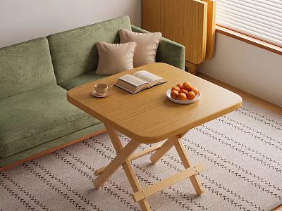 Wooden Foldable Table In Living Room With Green Sofa Coffee Cup Book And Fruits 3d model