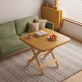 Wooden Foldable Table In Living Room With Green Sofa Coffee Cup Book And Fruits