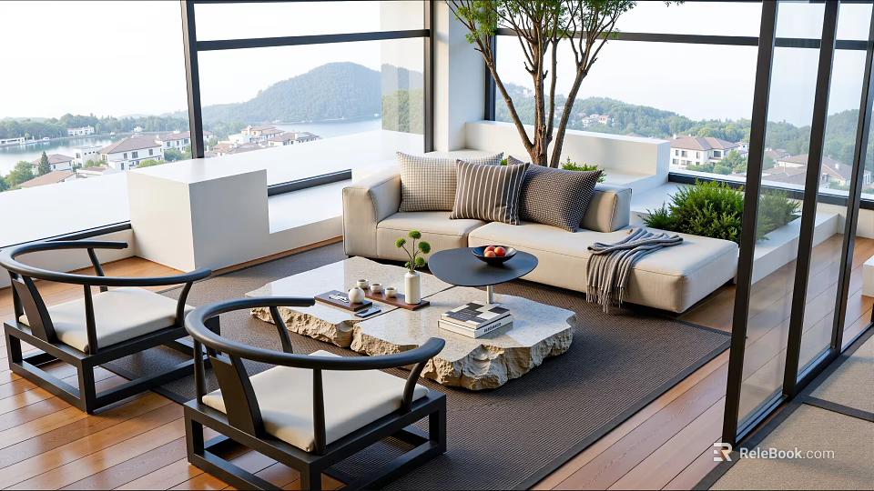 Hotel Public Lounge Area Interior With Large Windows Mountain And Lake Views Sofa Coffee Table 3d model 